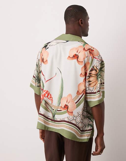 ASOS DESIGN Oversized Satin Shirt With Print In Green