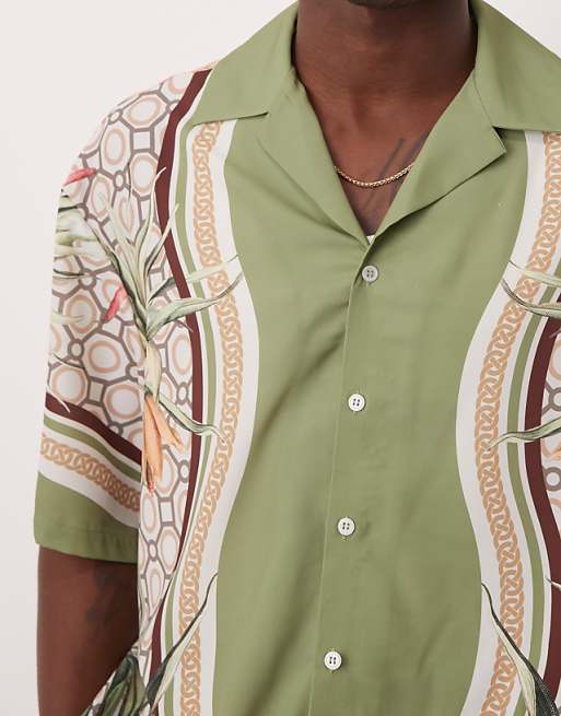 ASOS DESIGN Oversized Satin Shirt With Print In Green