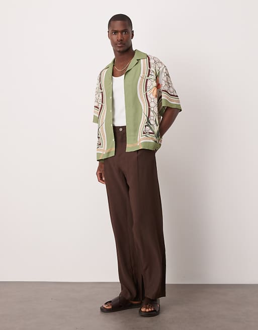ASOS DESIGN Oversized Satin Shirt With Print In Green