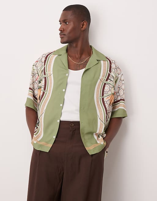 ASOS DESIGN oversized satin shirt with print in green