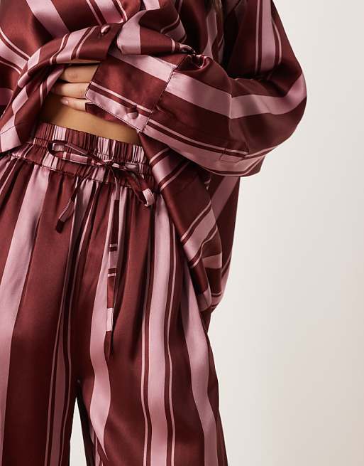 ASOS DESIGN Oversized Satin Stripe Shirt And Trouser Pyjama Set In Burgundy Stripe