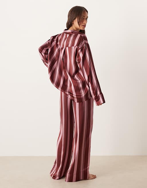 ASOS DESIGN Oversized Satin Stripe Shirt And Trouser Pyjama Set In Burgundy Stripe