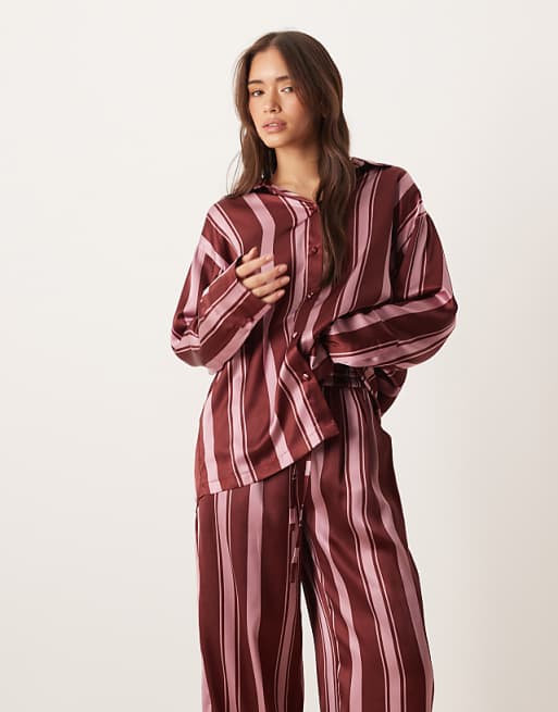 ASOS DESIGN Oversized Satin Stripe Shirt And Trouser Pyjama Set In Burgundy Stripe