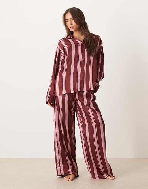ASOS DESIGN oversized satin stripe shirt and trouser pyjama set in burgundy stripe