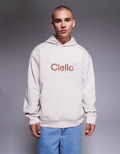 ASOS DESIGN oversized scuba-style fabric hoodie with chest print in oatmeal marl