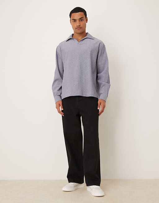 ASOS DESIGN Oversized Seersucker Shirt With Back Neck Embroidery In Blue