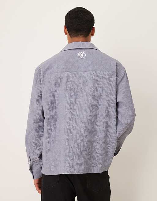 ASOS DESIGN Oversized Seersucker Shirt With Back Neck Embroidery In Blue