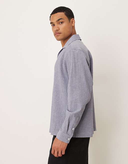 ASOS DESIGN Oversized Seersucker Shirt With Back Neck Embroidery In Blue