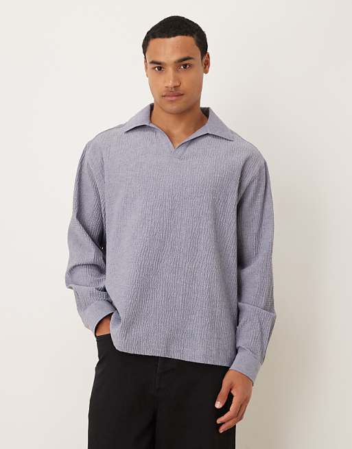 ASOS DESIGN oversized seersucker shirt with back neck embroidery in blue