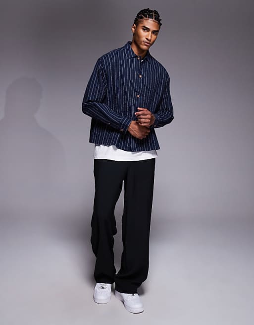 ASOS DESIGN Oversized Seersucker Stripe Shirt In Navy