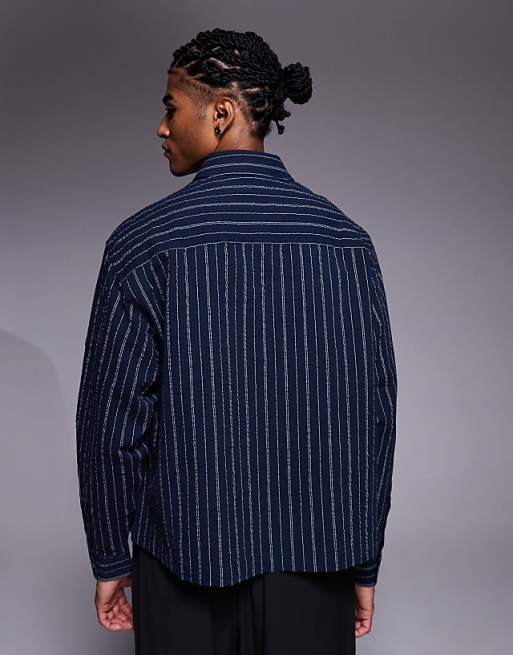 ASOS DESIGN Oversized Seersucker Stripe Shirt In Navy