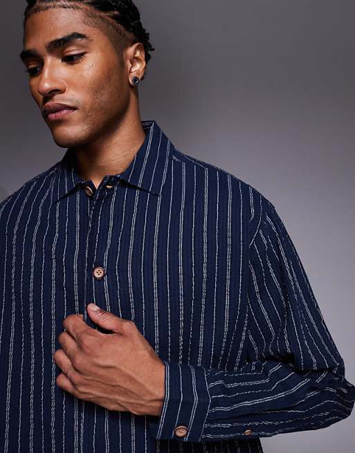 ASOS DESIGN Oversized Seersucker Stripe Shirt In Navy