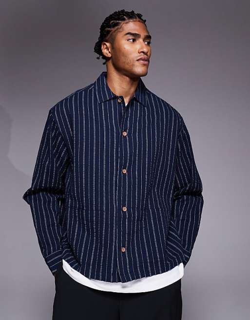 ASOS DESIGN oversized seersucker stripe shirt in navy