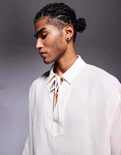 ASOS DESIGN Oversized Sheer Overhead Shirt With Neck Tie In Ecru