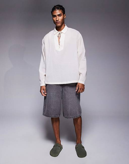 ASOS DESIGN Oversized Sheer Overhead Shirt With Neck Tie In Ecru