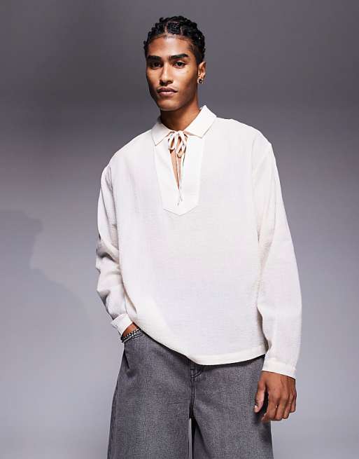 ASOS DESIGN oversized sheer overhead shirt with neck tie in ecru