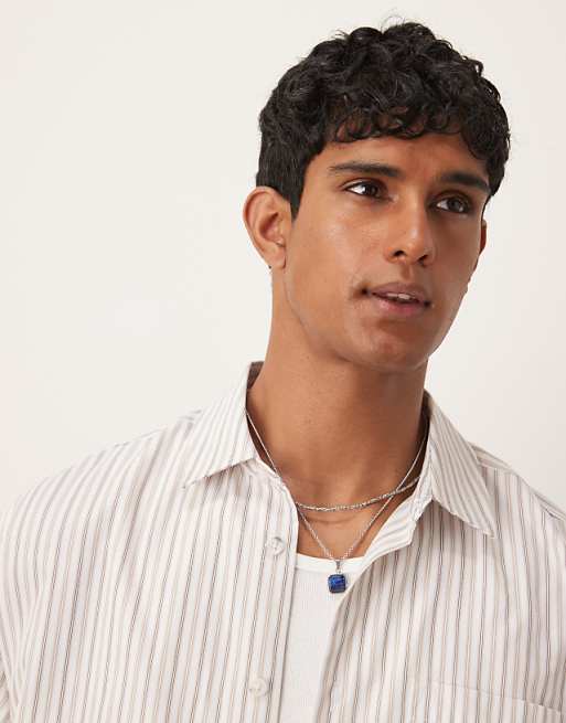 ASOS DESIGN Oversized Shirt In Beige Stripe With Chest Embroidery