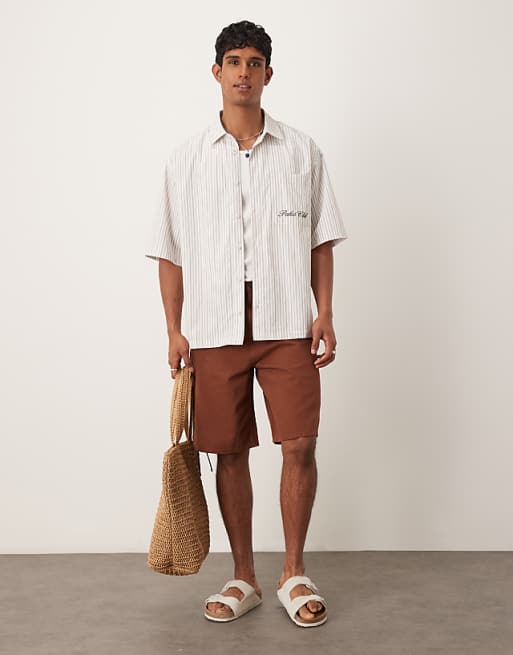 ASOS DESIGN Oversized Shirt In Beige Stripe With Chest Embroidery