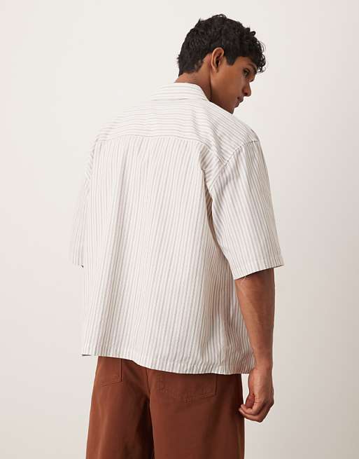 ASOS DESIGN Oversized Shirt In Beige Stripe With Chest Embroidery