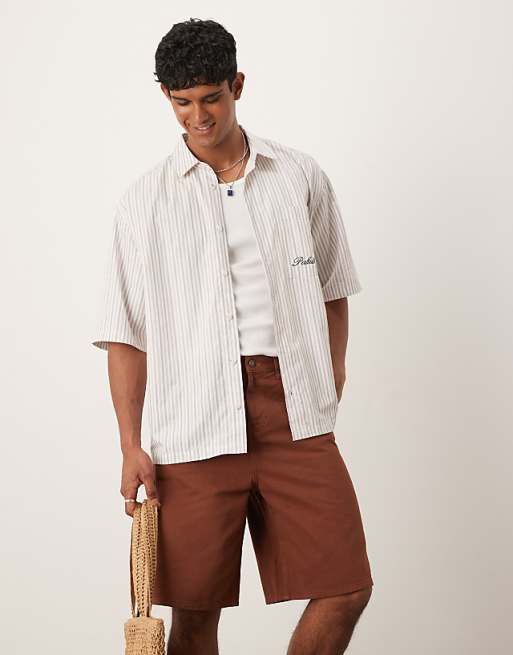 ASOS DESIGN oversized shirt in beige stripe with chest embroidery