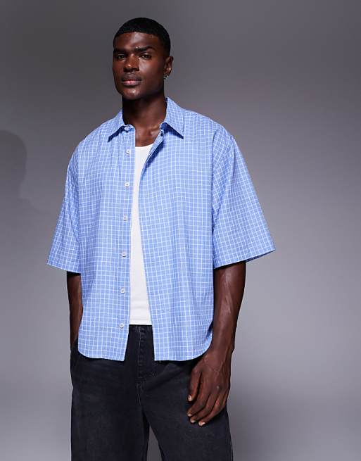 ASOS DESIGN Oversized Shirt In Blue Check With Back Embroidery