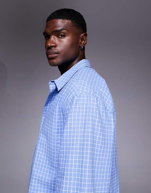 ASOS DESIGN Oversized Shirt In Blue Check With Back Embroidery