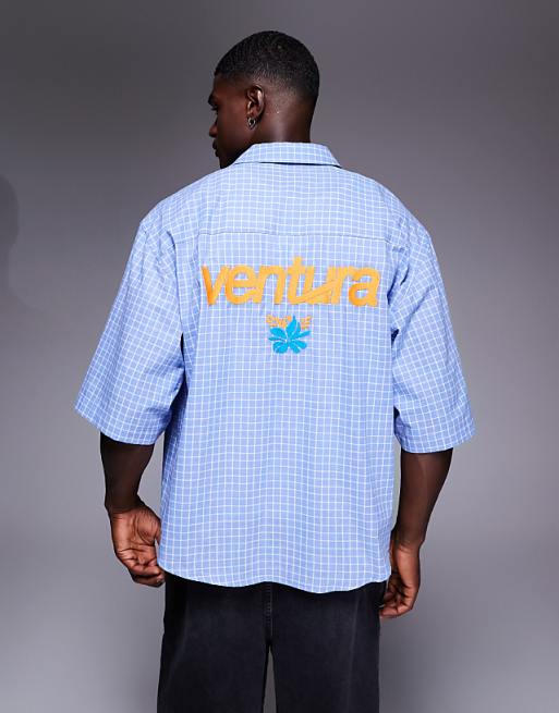 ASOS DESIGN oversized shirt in blue check with back embroidery