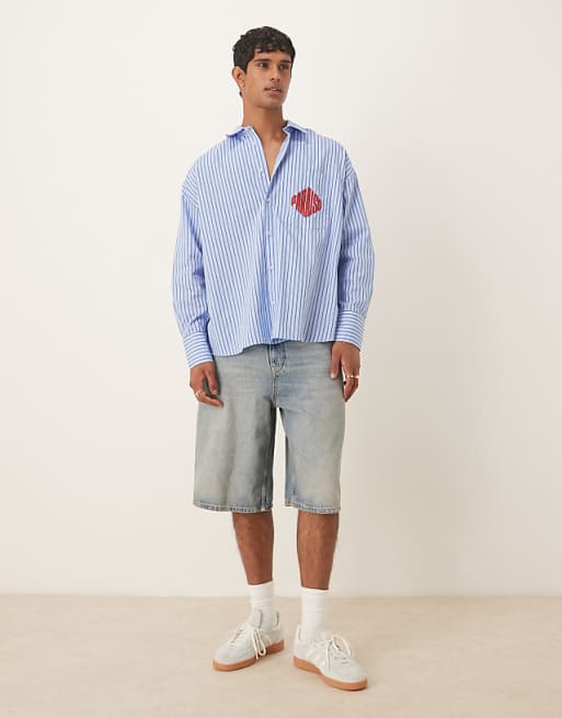 ASOS DESIGN Oversized Shirt In Blue Stripe With Chest Embroidery