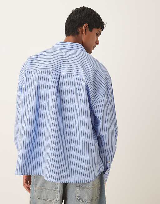 ASOS DESIGN Oversized Shirt In Blue Stripe With Chest Embroidery