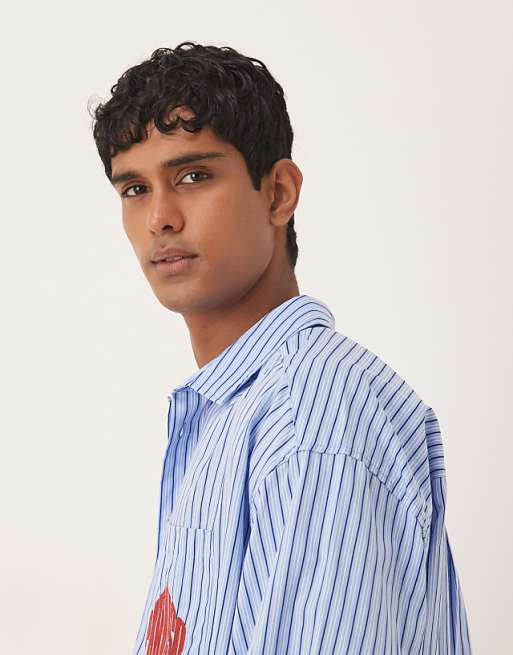 ASOS DESIGN Oversized Shirt In Blue Stripe With Chest Embroidery