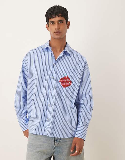 ASOS DESIGN oversized shirt in blue stripe with chest embroidery