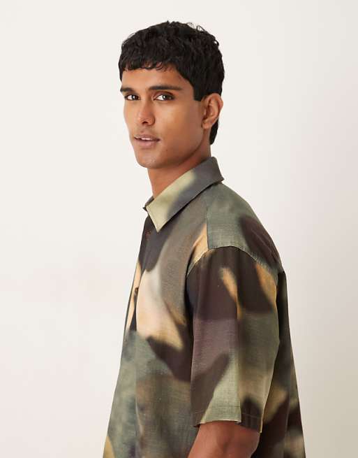 ASOS DESIGN Oversized Shirt In Khaki Abstract Print