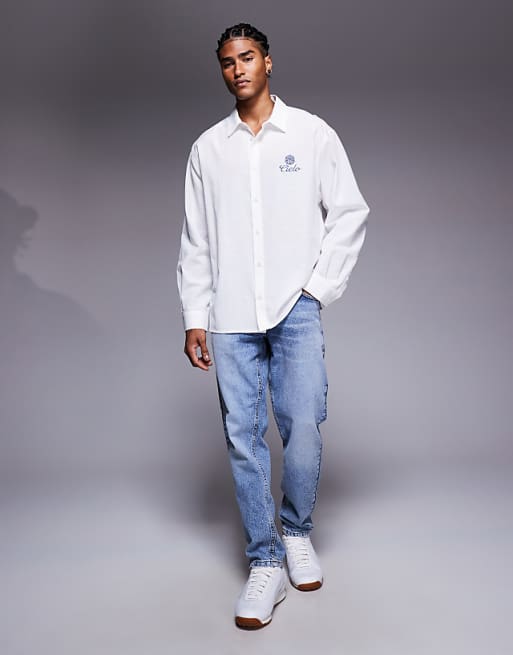 ASOS DESIGN Oversized Shirt With Chest Embroidery In White