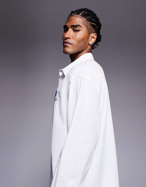 ASOS DESIGN Oversized Shirt With Chest Embroidery In White
