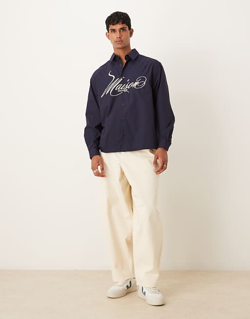 ASOS DESIGN Oversized Shirt With Chest Embroidery In Navy Cotton Poplin