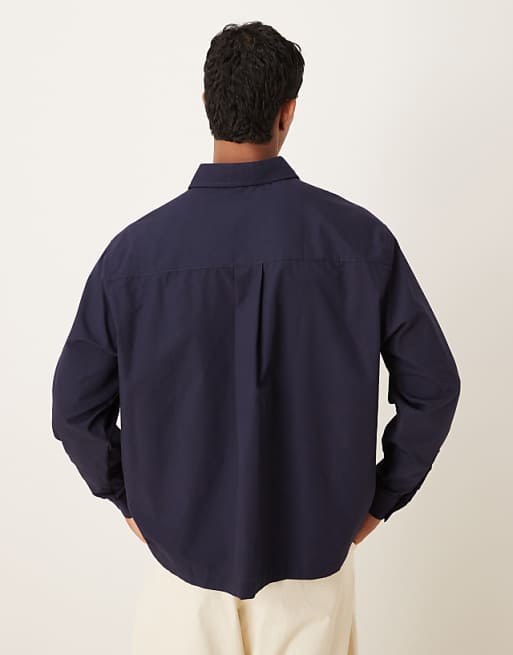ASOS DESIGN Oversized Shirt With Chest Embroidery In Navy Cotton Poplin