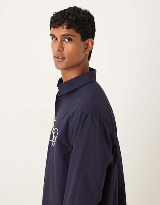 ASOS DESIGN Oversized Shirt With Chest Embroidery In Navy Cotton Poplin