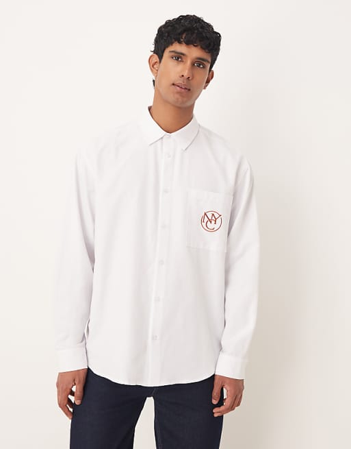 ASOS DESIGN oversized shirt with chest embroidery in white