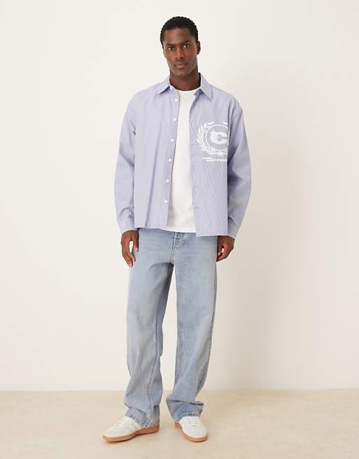 ASOS DESIGN Oversized Shirt With Chest Print In Blue And White Stripe