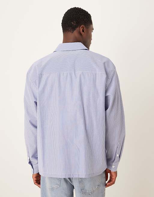 ASOS DESIGN Oversized Shirt With Chest Print In Blue And White Stripe