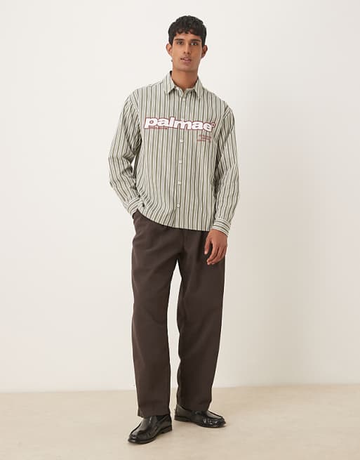 ASOS DESIGN Oversized Shirt With Chest Print In Green And White Stripe