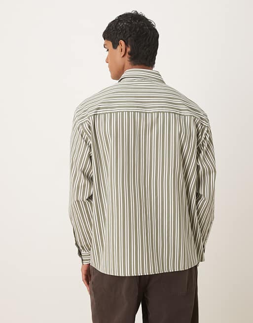 ASOS DESIGN Oversized Shirt With Chest Print In Green And White Stripe