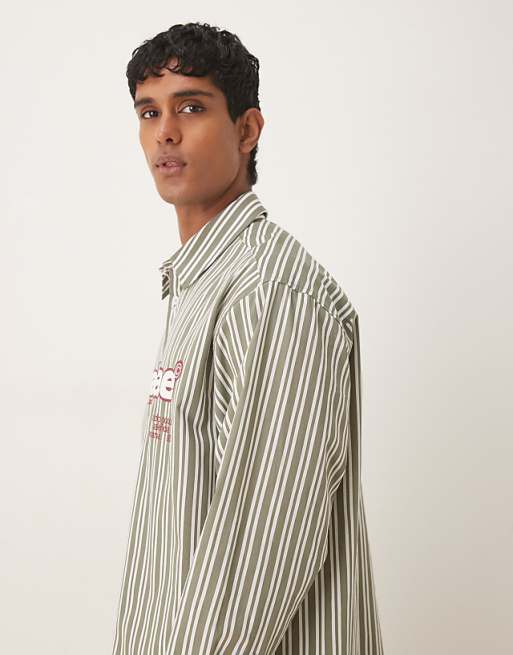 ASOS DESIGN Oversized Shirt With Chest Print In Green And White Stripe