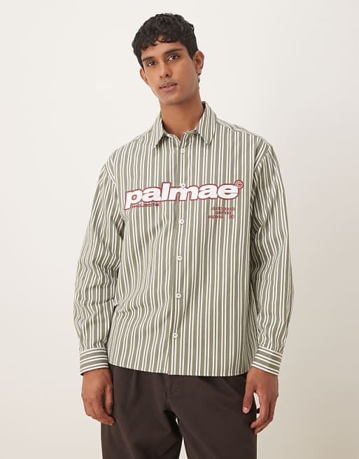 ASOS DESIGN oversized shirt with chest print in green and white stripe