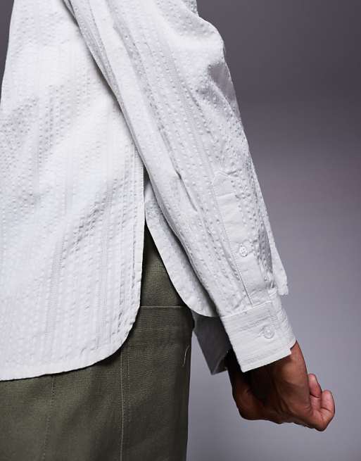 ASOS DESIGN Oversized Shirt With Curved Split Hem In Ecru Jacquard
