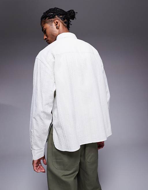 ASOS DESIGN Oversized Shirt With Curved Split Hem In Ecru Jacquard