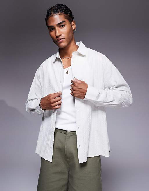 ASOS DESIGN oversized shirt with curved split hem in ecru jacquard