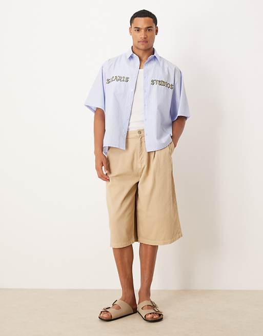 ASOS DESIGN Oversized Shirt With Embroidery In Blue Stripe