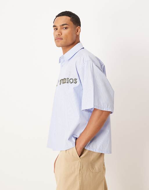 ASOS DESIGN Oversized Shirt With Embroidery In Blue Stripe