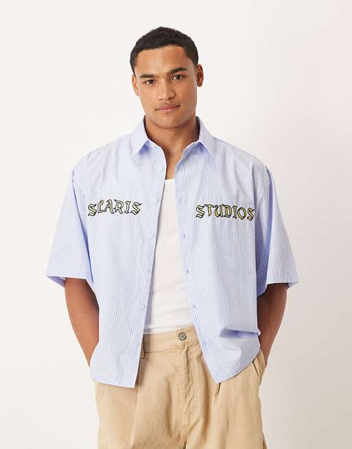 ASOS DESIGN oversized shirt with embroidery in blue stripe
